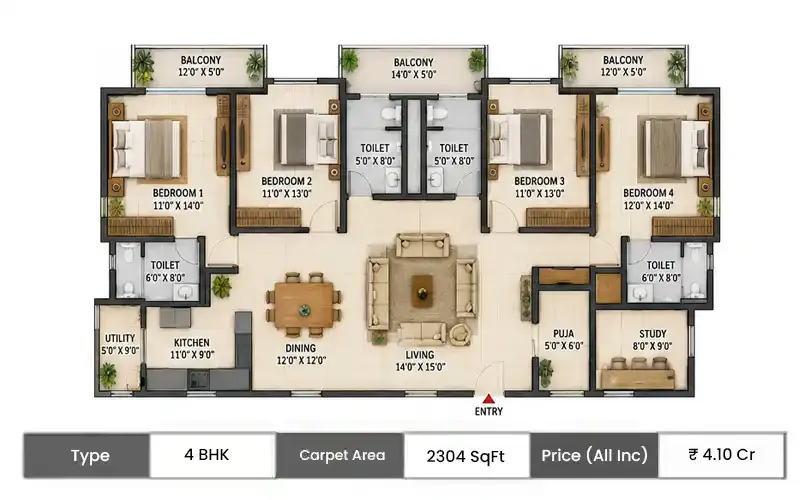 Godrej River Royale 4 BHK floor plan, 2304 sq ft carpet area