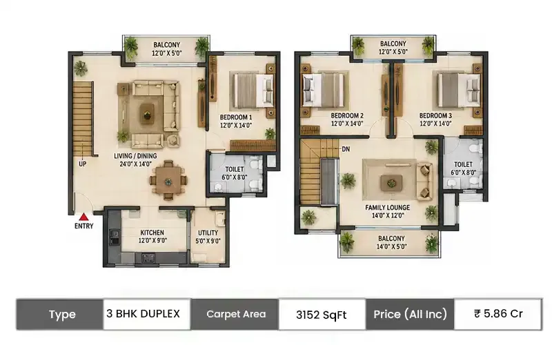 Godrej River Royale 3 BHK Duplex floor plan, 3152 sq ft carpet area
