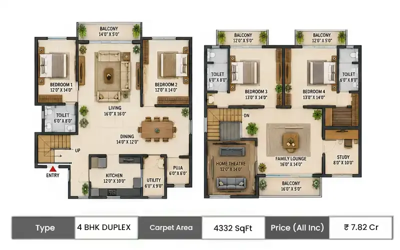 Godrej River Royale 4 BHK Duplex floor plan, 4332 sq ft carpet area
