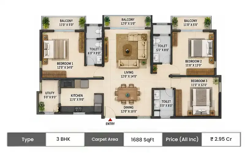 Godrej River Royale 3 BHK floor plan, 1688 sq ft carpet area